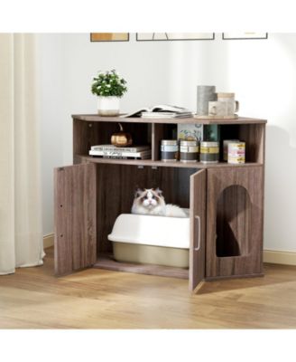 3-Tier Modern Corner Cat Litter Box Enclosure w/ Storage Shelves Double Doors