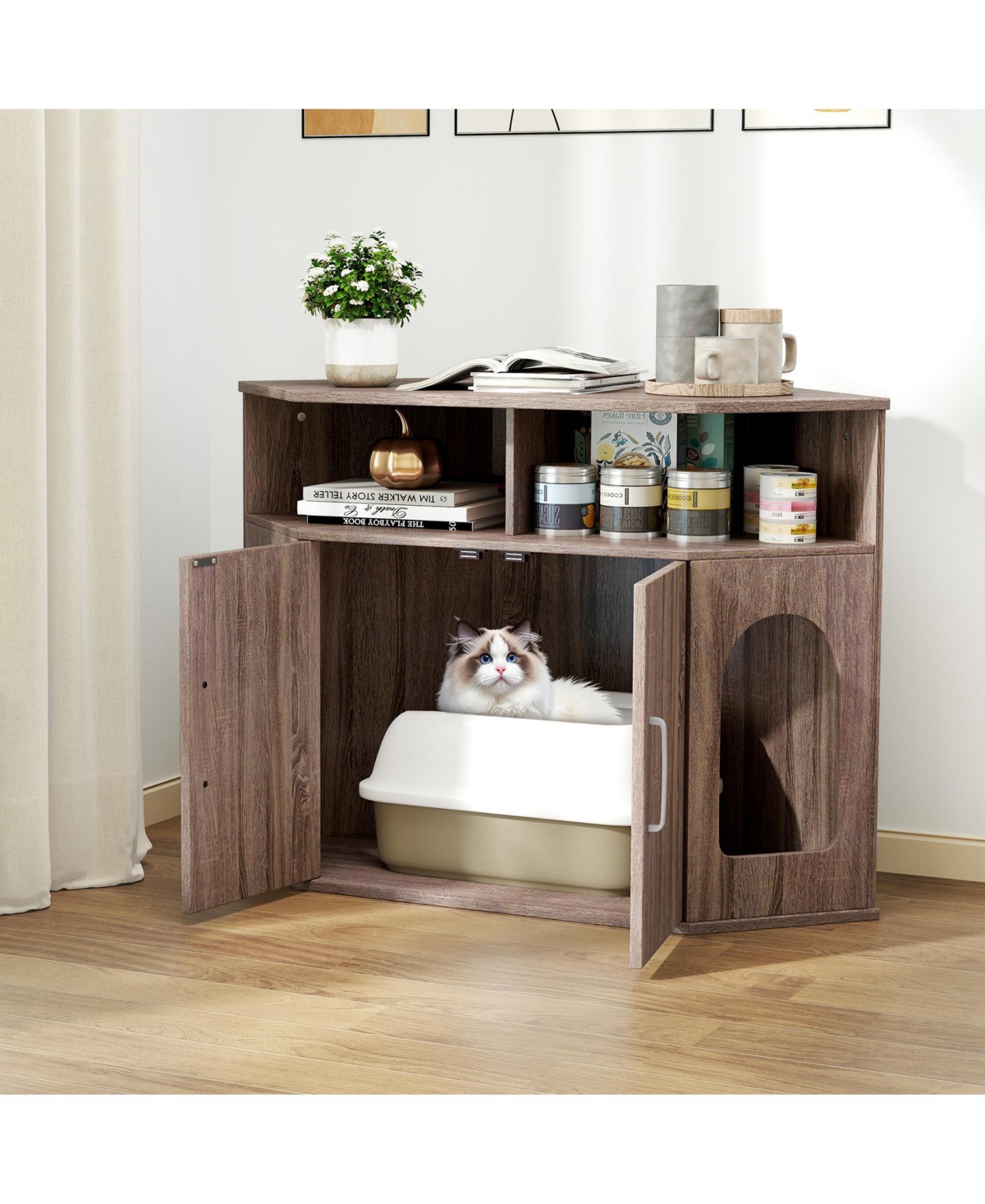 Gymax 3-Tier Modern Corner Cat Litter Box Enclosure w/ Storage Shelves Double Doors