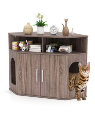 3-Tier Modern Corner Cat Litter Box Enclosure w/ Storage Shelves Double Doors