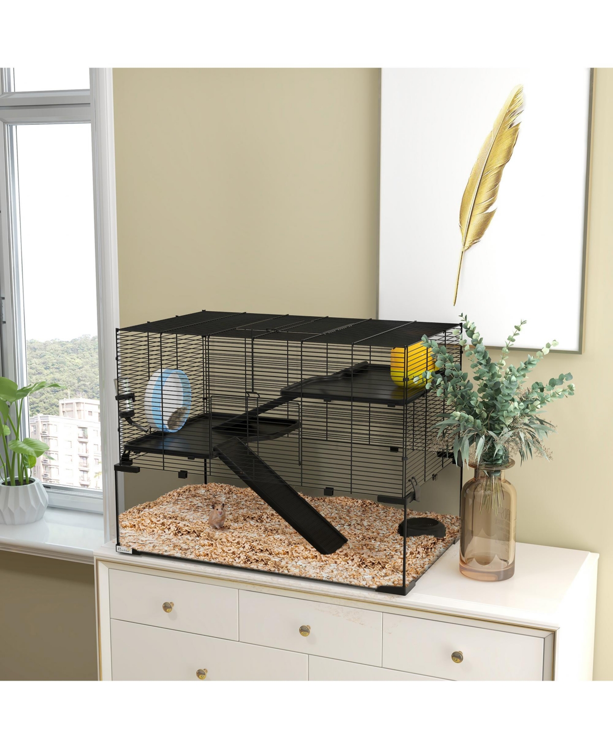 PawHut Hamster Cage, 31" Gerbil Cage with Glass Basin for Small Hamsters
