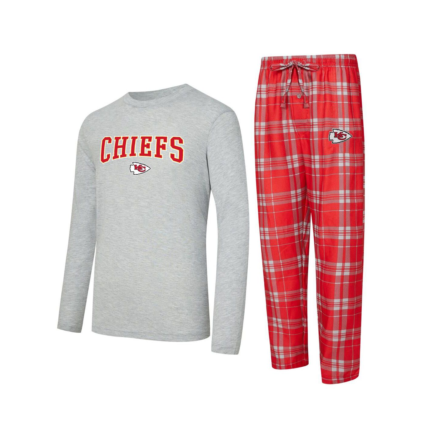 Мужской комплект Concepts Sport Men's 2-Piece Red/Gray Kansas City Chiefs Regulate Long Sleeve T-Shirt and Plaid Pants Set — фото 1