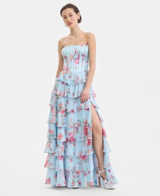 Juniors' Corset-Bodice Ruffled Gown