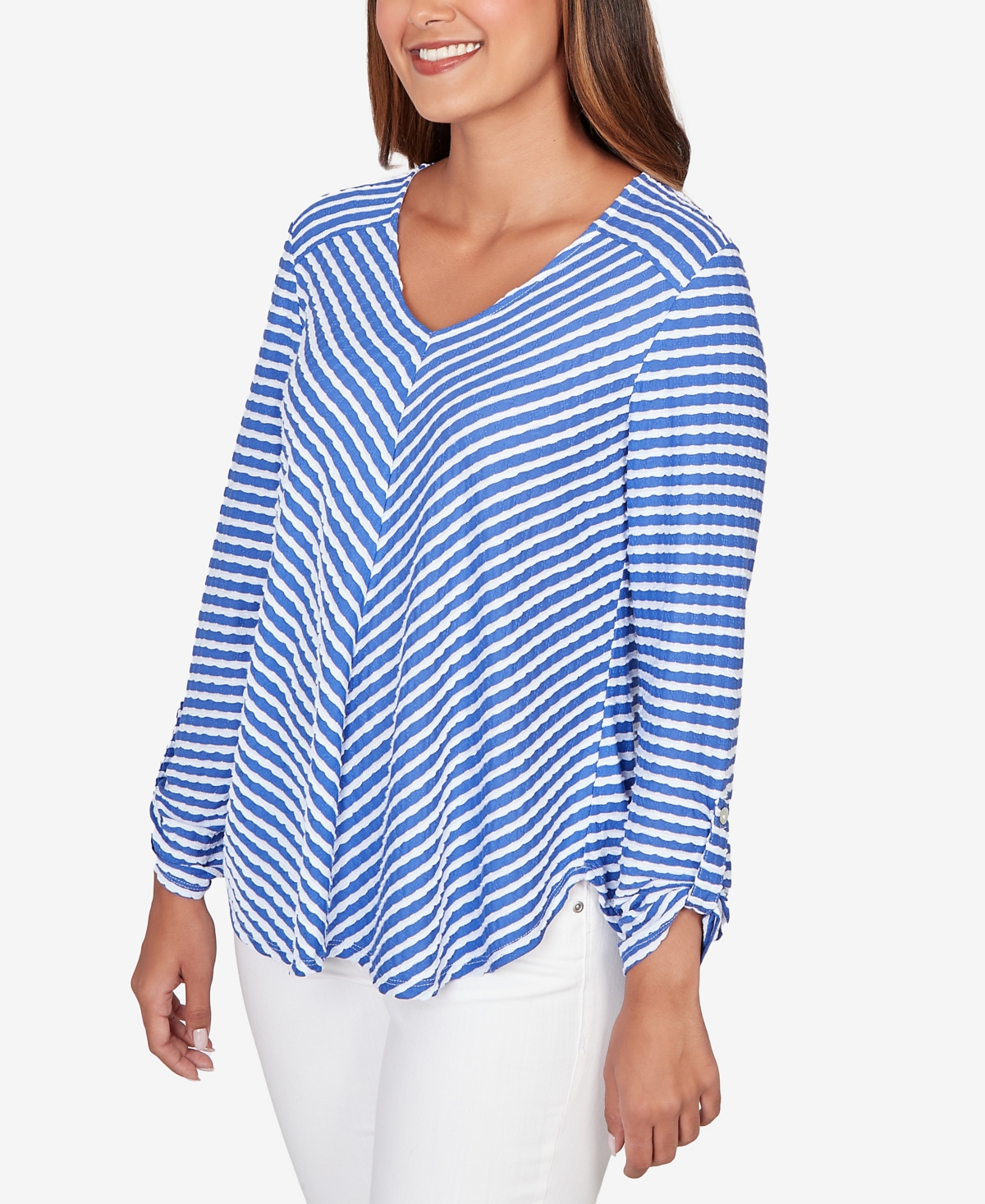 Ruby Rd. Petite Mitered Scallop Stripe Tunic Top In Black