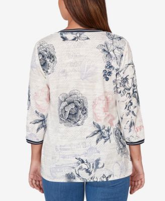 Petite Botanical Stamp Knit Twist Front Top