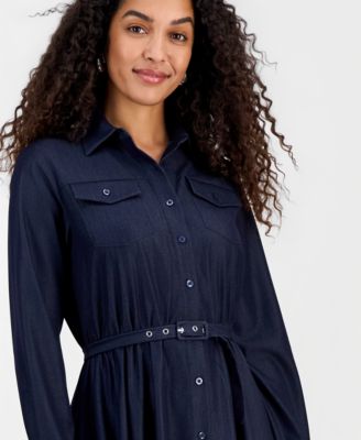 Women's Belted Button Long-Sleeve Fit & Flare Dress