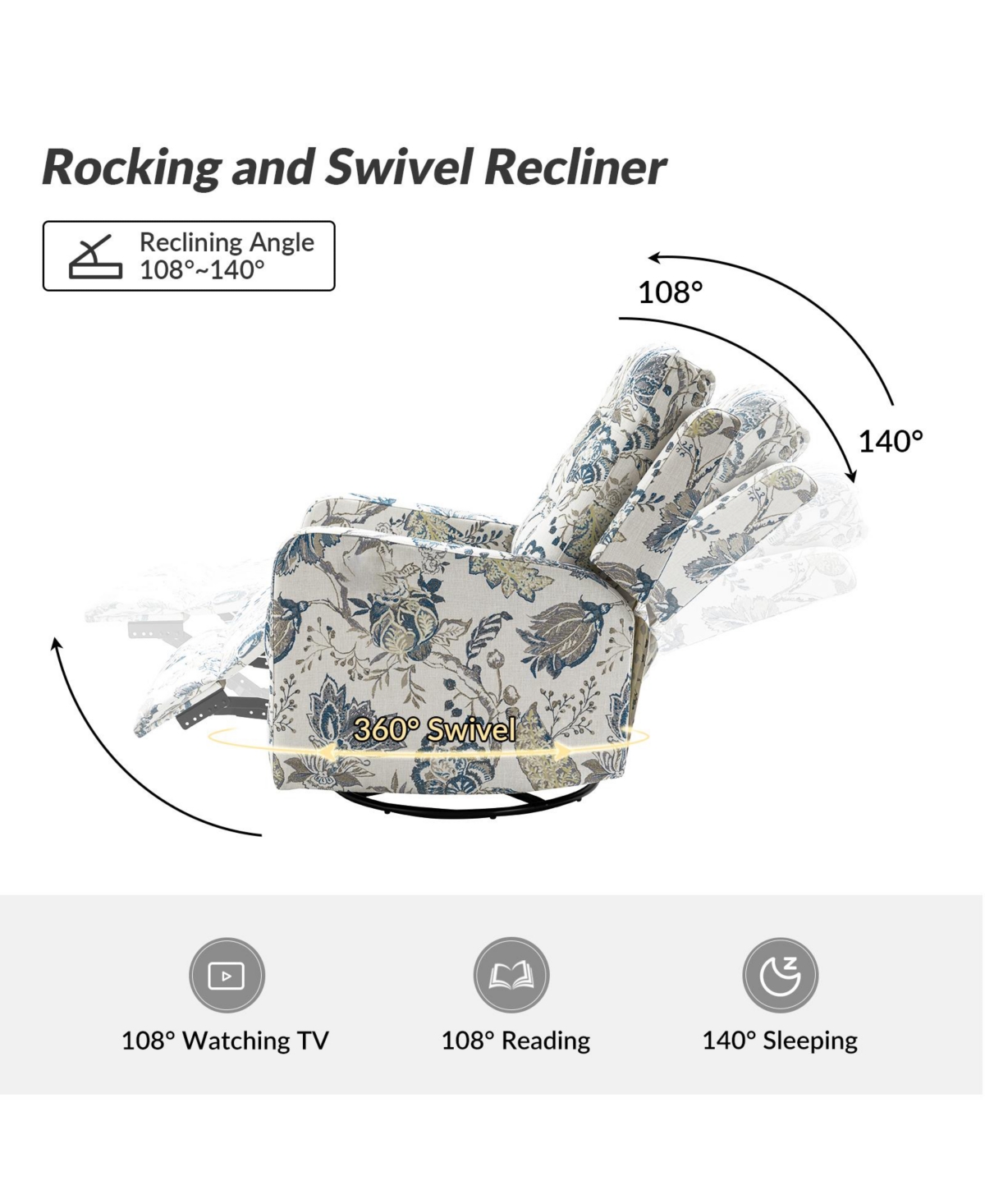 Hulala Home Arlette Transitional Swivel Recliner with Metal Base
