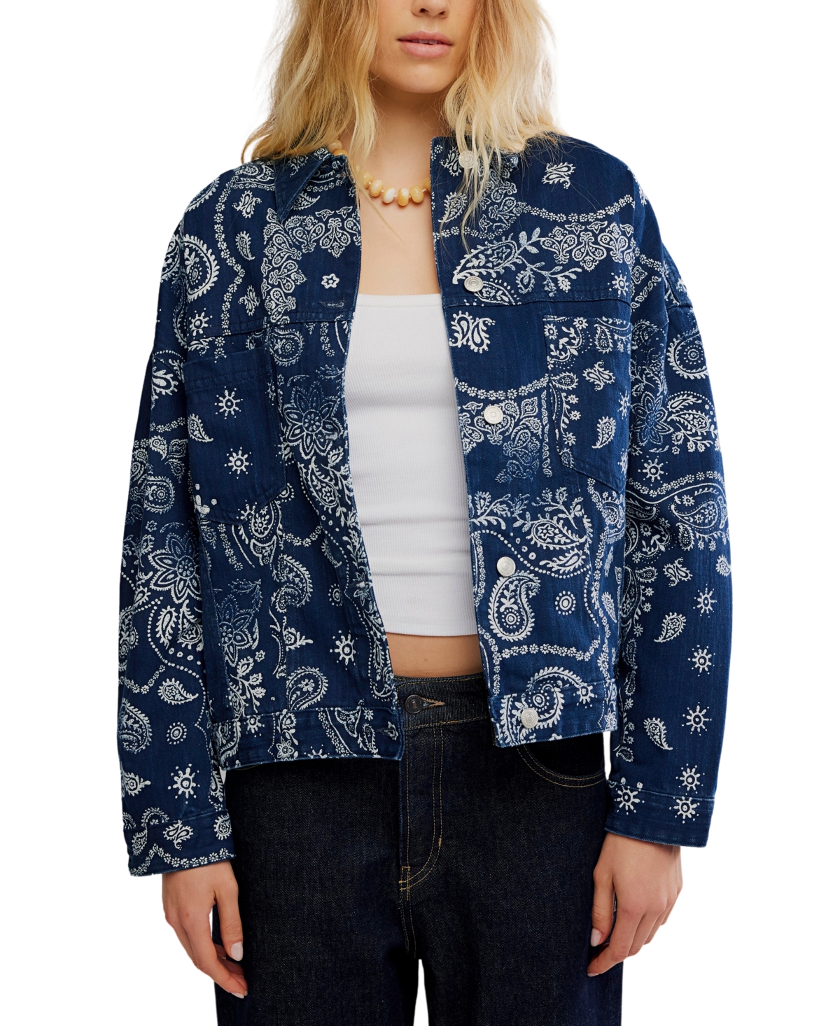 Free People Women's Opal Swing Printed Denim Button-Front Jacket