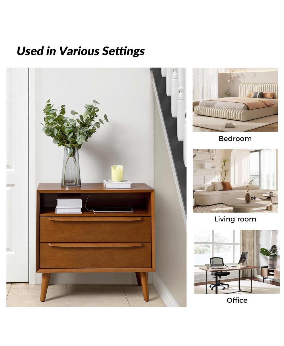 Hulala Home Kay Mid-century Modern 2 - Drawer Nightstand with Built-In Outlets