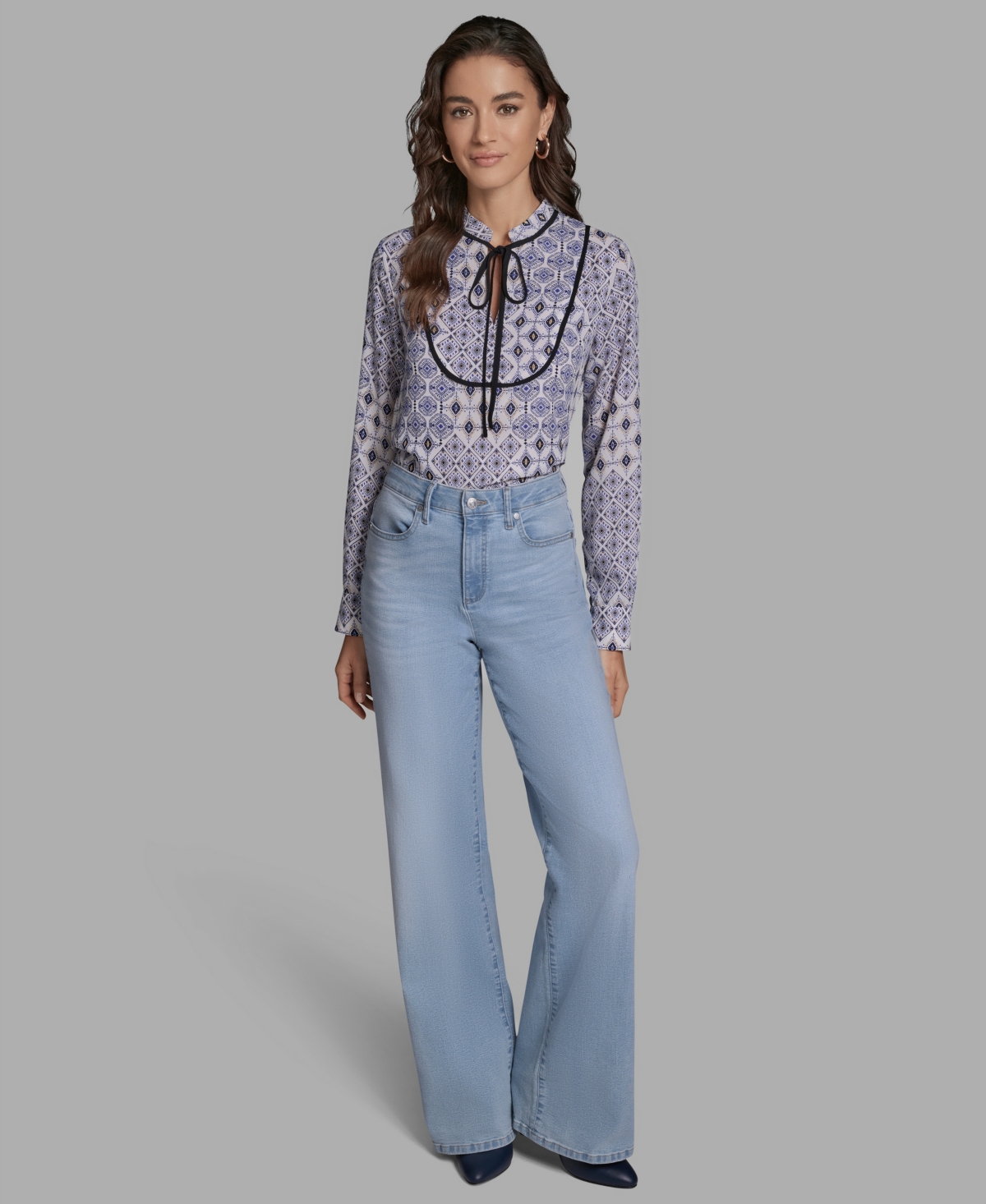 Bcbg Women's Tie-Collar Long-Sleeve Printed Top