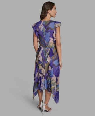 Women's Handkerchief Hem Ruffle V-Neck Midi Dress