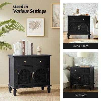 Dyals Traditional 27"Tall End Table Design Rattan Cabinet Doors with Built-in Power Outlet and Adjustable Shelf