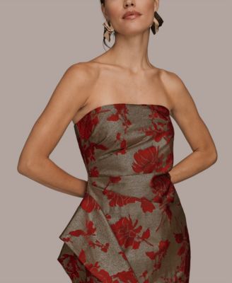 Women's Strapless Floral Gathered Ruffled Gown with Split Hem Dress