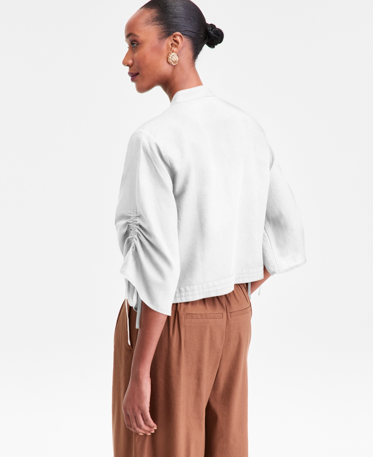 Inc International Concepts Women's Tie-sleeve Chambray Tie-waist Blouse, Macy's Exclusive In White