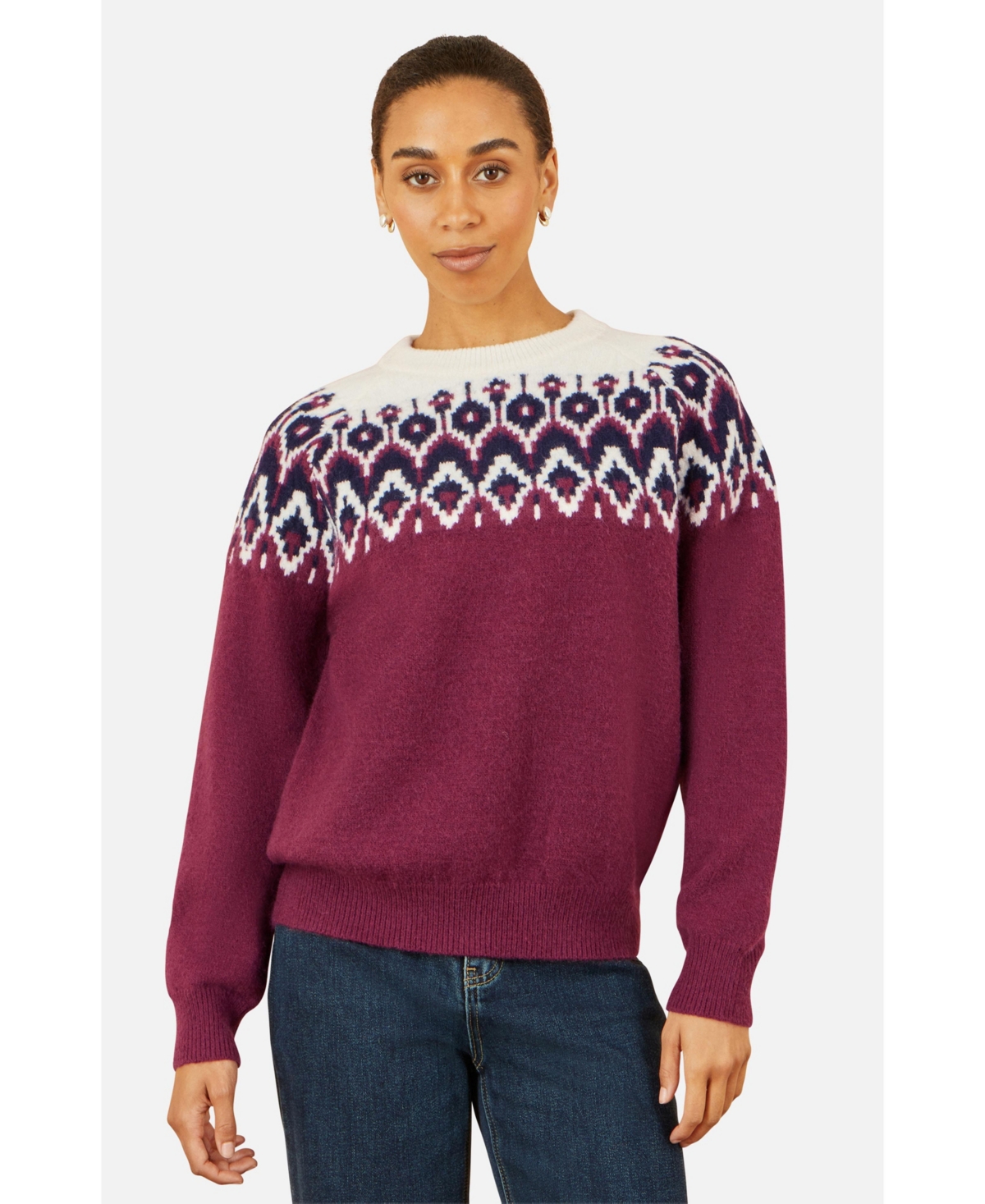 Yumi Women's Fair Isle Relaxed Fit Knitted Sweater