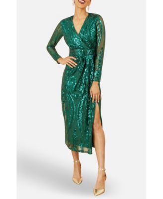 Women's Sequin Midi Long Sleeve Wrap Dress