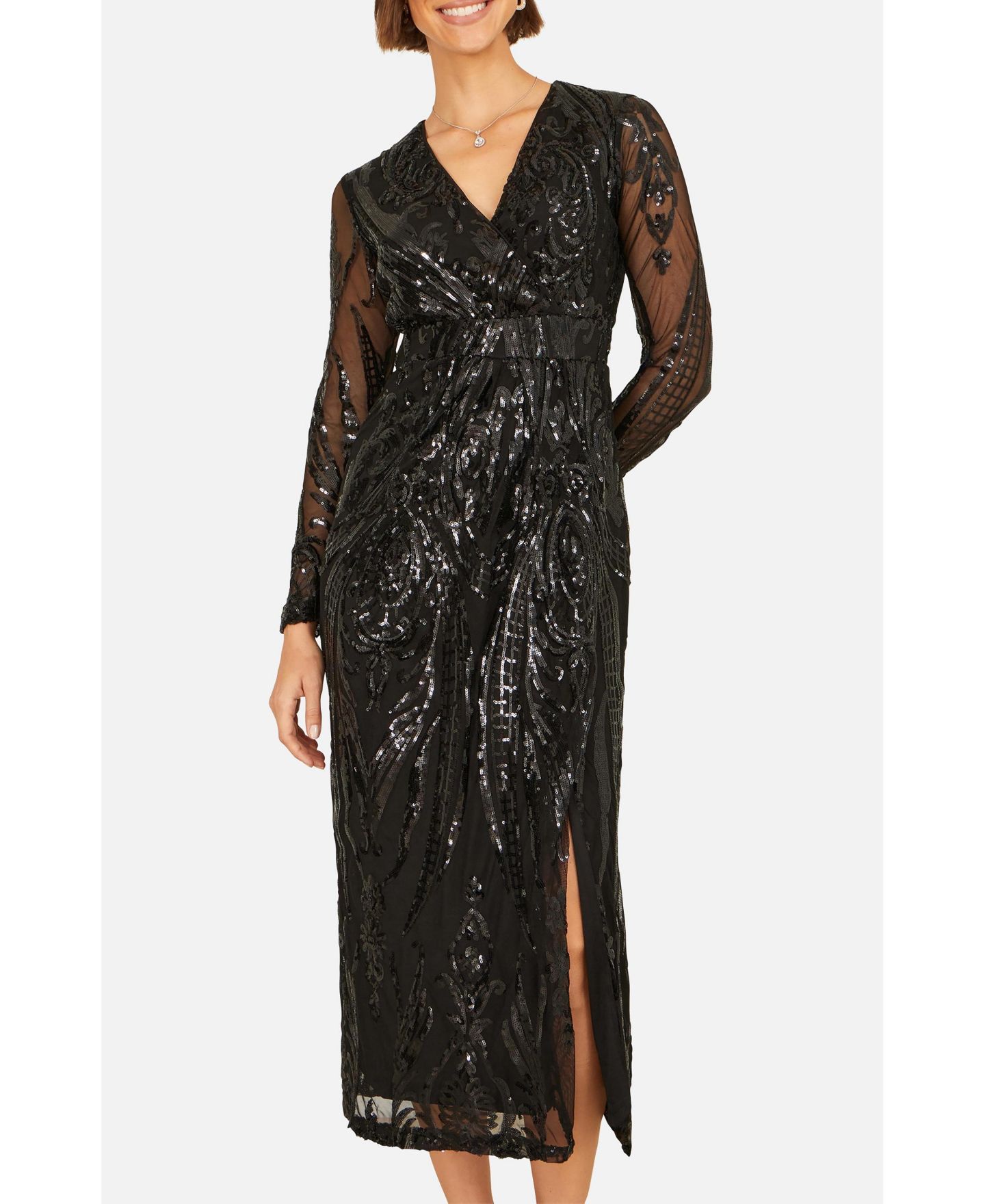 Женское платье Yumi Sequin Midi Long Sleeve Wrap, цвет: Чёрный — фото 6