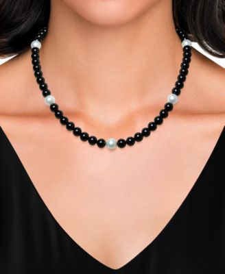 7mm Onyx and Cultured Freshwater Pearl Necklace (7.5-8.5mm) in Sterling Silver