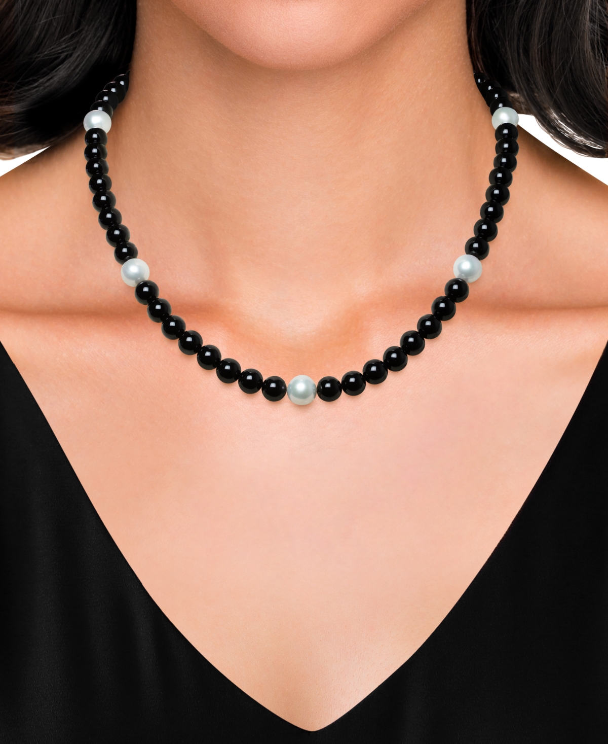 Macy's 7mm Onyx And Cultured Freshwater Pearl Necklace (7.5-8.5mm) In Sterling Silver In Black