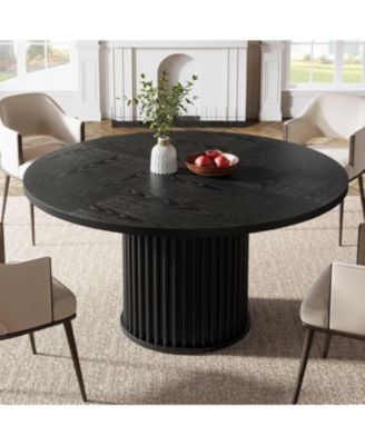 Black Round Dining Table for 4-6 People, Modern Fluted MDF + Metal Base Kitchen Table (Only Table)
