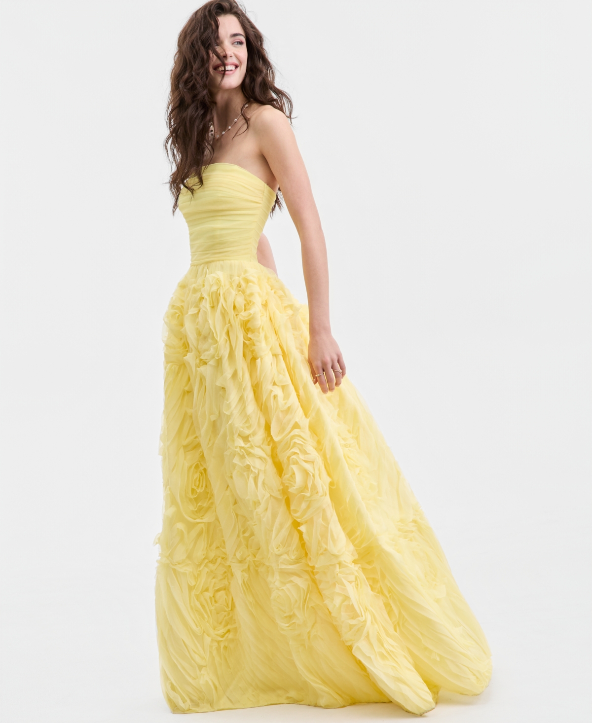 Say Yes Juniors' Ruffled Rosette Strapless Ball Gown, Created for Macy's