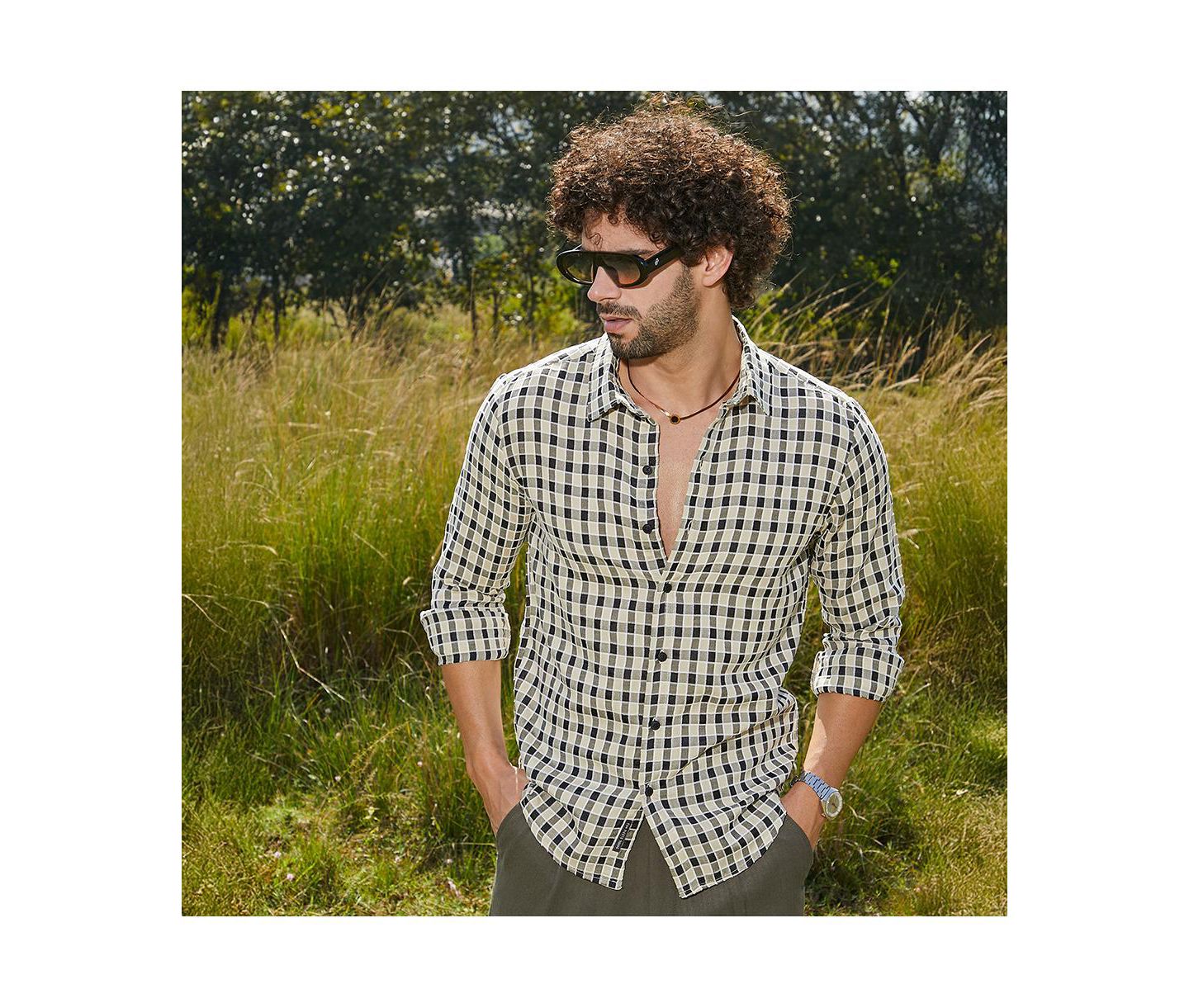 Мужская рубашка Cahoot Campus Sutra Navy Blue & Cream White Glen Check, цвет: Белый — фото 6