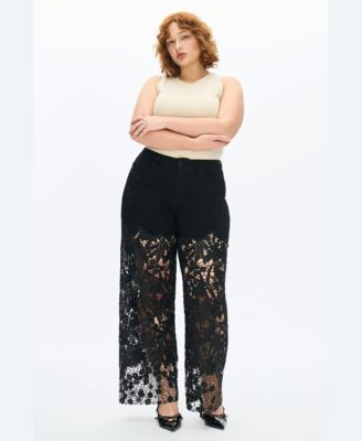 Plus Size High-Rise Embroidered Lace Rhinestone Wide-Leg Jeans