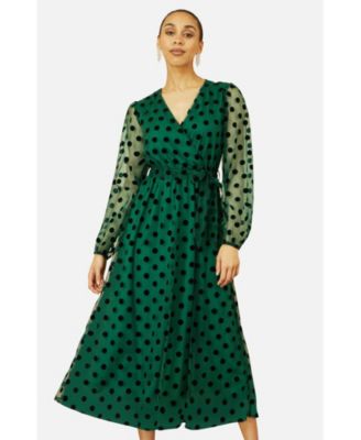 Women's Spot Mesh Wrap Midi Skater Dress