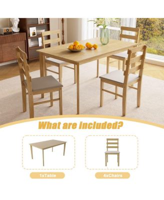 5-Piece Solid Wood Dining Table Set with 4 Upholstered Chairs, Natural Finish Kitchen Table and Chair Set for Dining Room