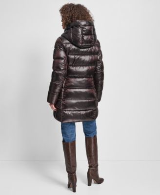 Women's Bibbed Shawl-Collar Packable Shine Puffer Coat