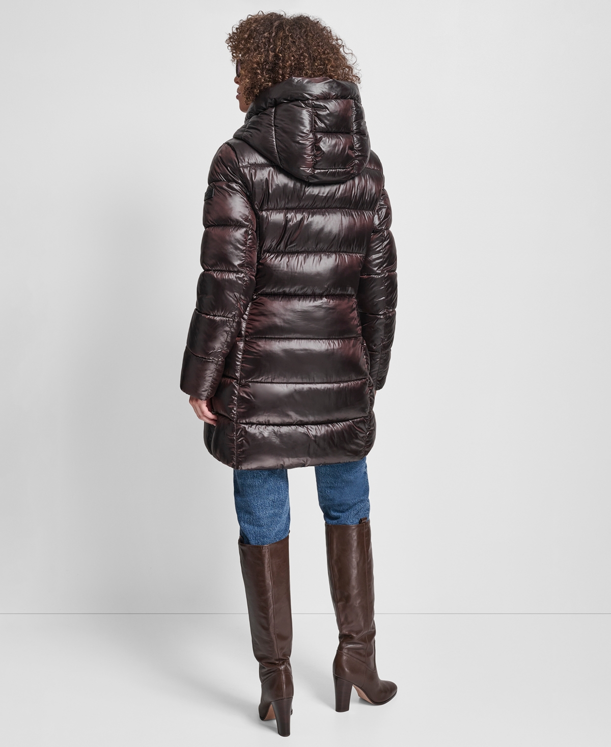 Dkny Asymmetric Bib Packable Quilted Coat In Burgundy