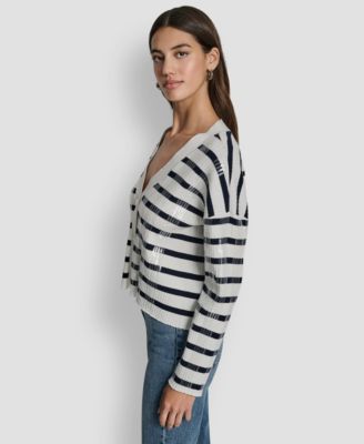 Women's Striped Sequin & Stripe V-Neck Boxy Cropped Long-Sleeve Cardigan Sweater