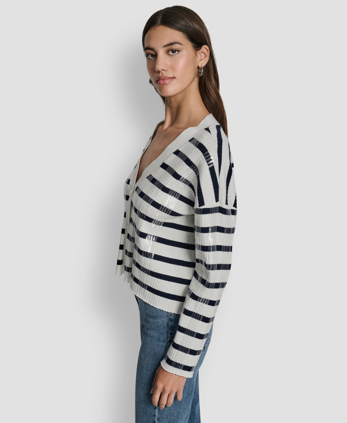 Dkny Jeans Women's Striped Cropped Long-sleeve Cardigan Sweater In Multi