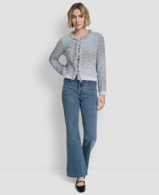 Women's Long-Sleeve Tweed Fringe Trimmed Sweater Jacket