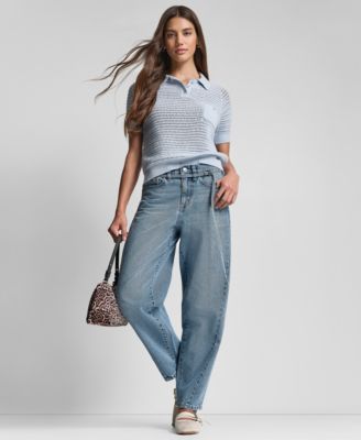 Women's Short-Sleeve Polo Collar Faux Crochet Stitch Sweater