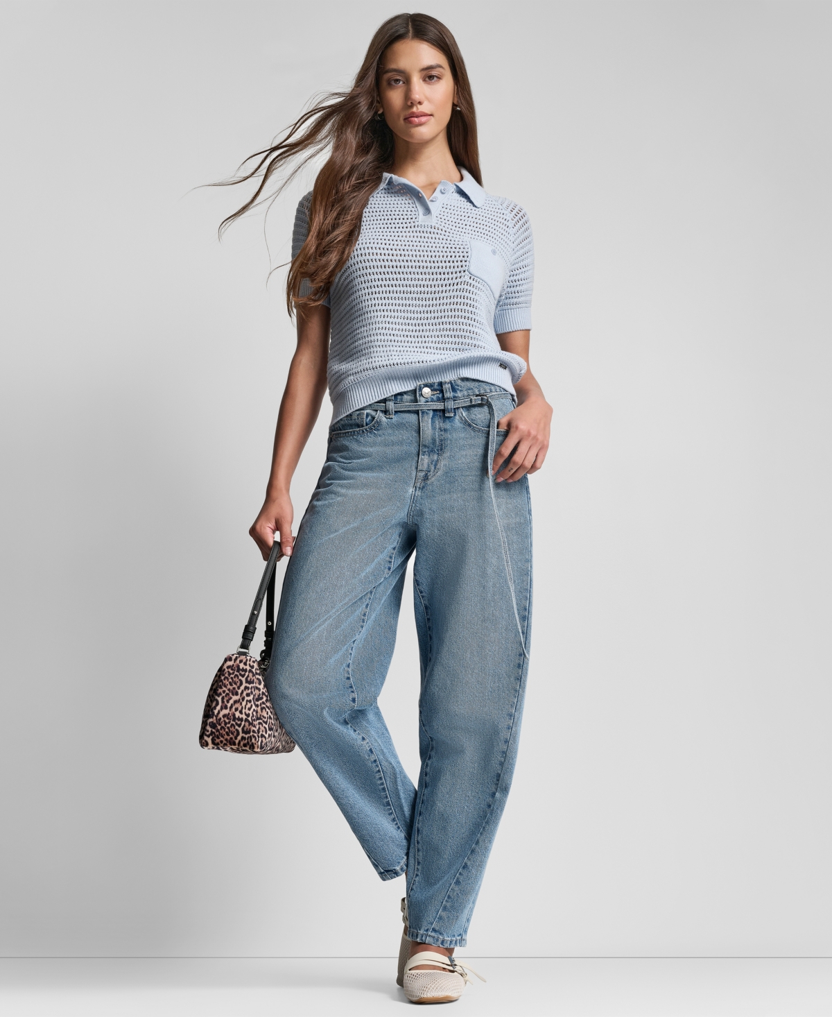 Dkny Jeans Women's Short-sleeve Polo Collar Faux Crochet Stitch Sweater In Blue