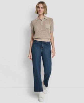 Women's Short-Sleeve Polo Collar Faux Crochet Stitch Sweater