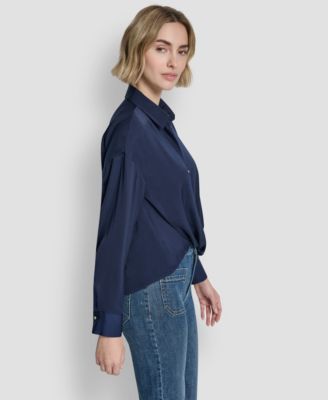 Women's Long-Sleeve Rhinestone Button Front Shirt With Twist Hem