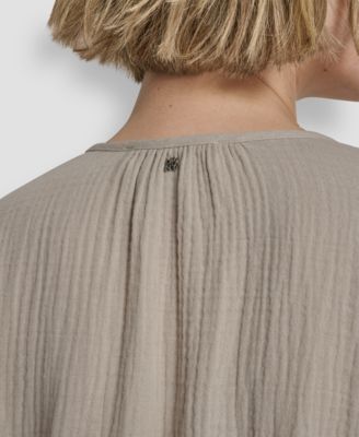 Women's Long-Sleeve Double Crepe Gauze Tie Neck Crop Top