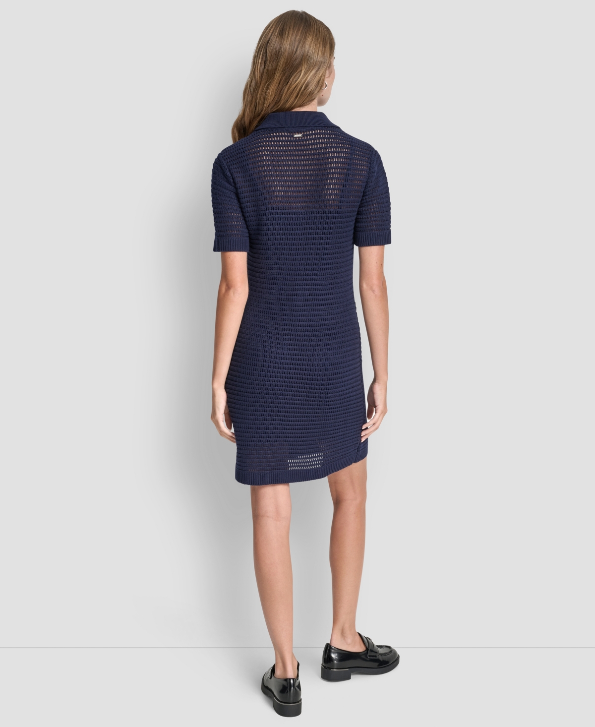 Dkny Jeans Women's Polo Collar Crochet Stitch Short Dress In Blue