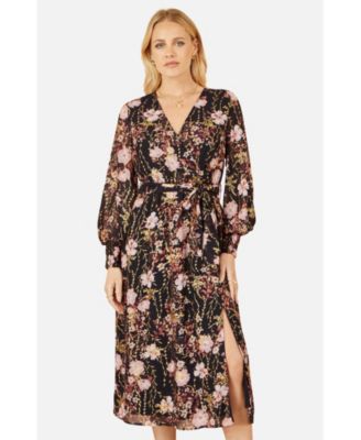Women's Foiled Floral Print Wrap Midi Dress