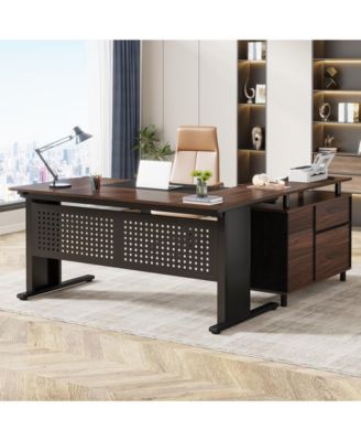 63 Inch Executive Desk with File Cabinet, Large Office Desk L Shaped Computer Desk