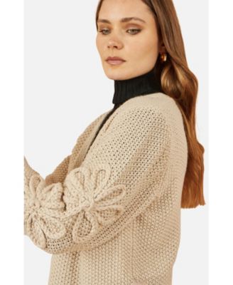 Women's Floral Sleeve Chunky Knit Open Front Long Cardigan Sweater