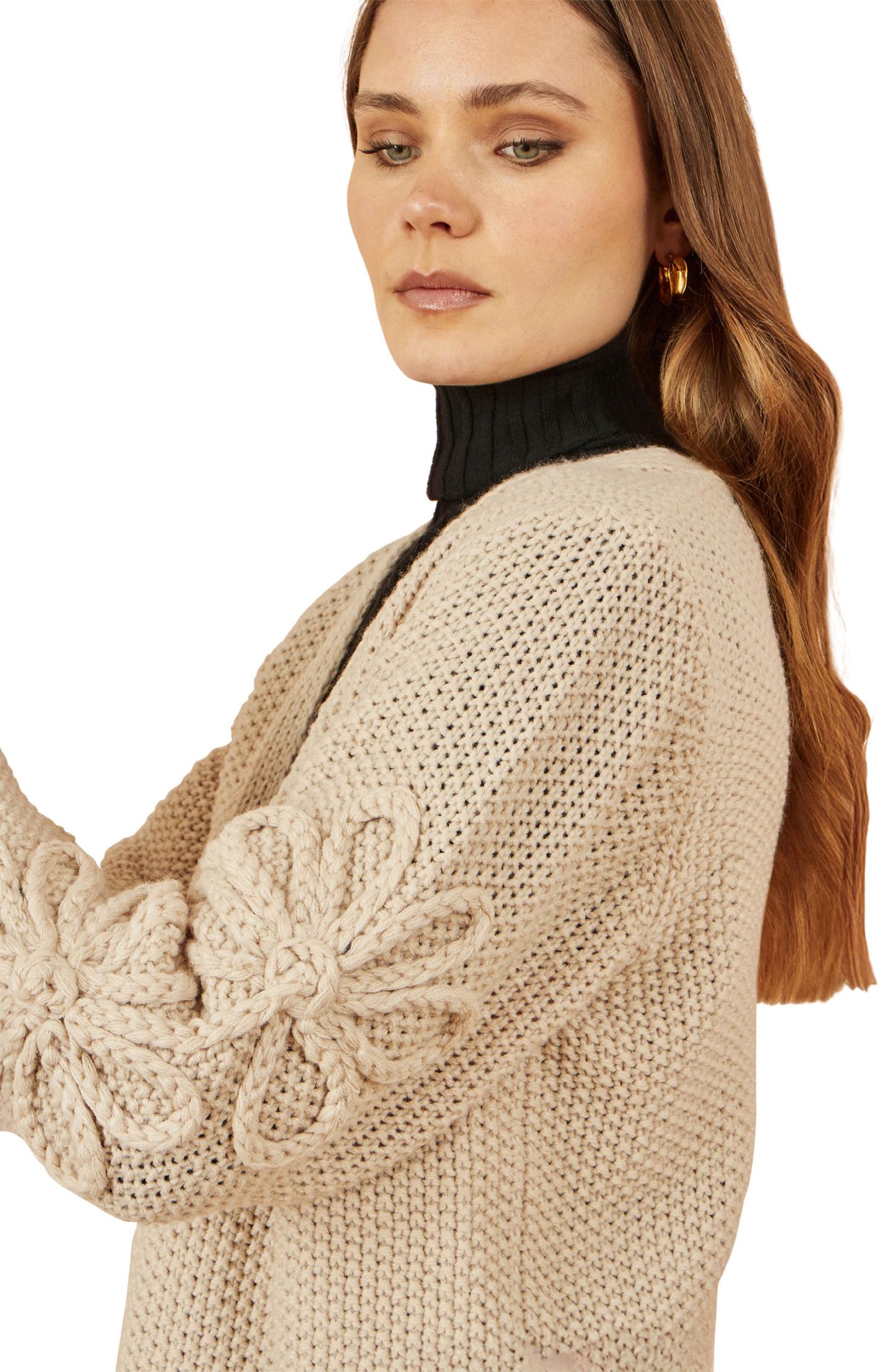 Женский кардиган Yumi Floral Sleeve Chunky Knit Open Front Long Cardigan, цвет: Бежевый — фото 6