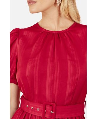 Women's Striped Satin Midi Dress Stylish Belted Partywear