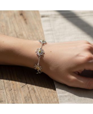 Summer Spring Time Two Tone Station Sunflower Daisy Flower Charm Bracelet Yellow Gold Plated Sterling Silver
