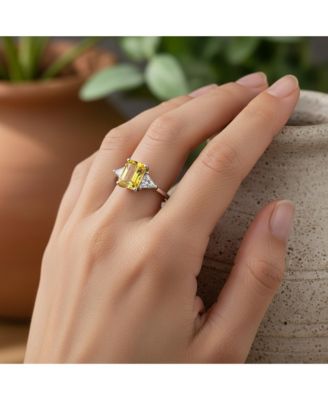 Sterling Silver 3CT Carnary Yellow Princess Cut CZ Promise Ring with Trillion Side Stones