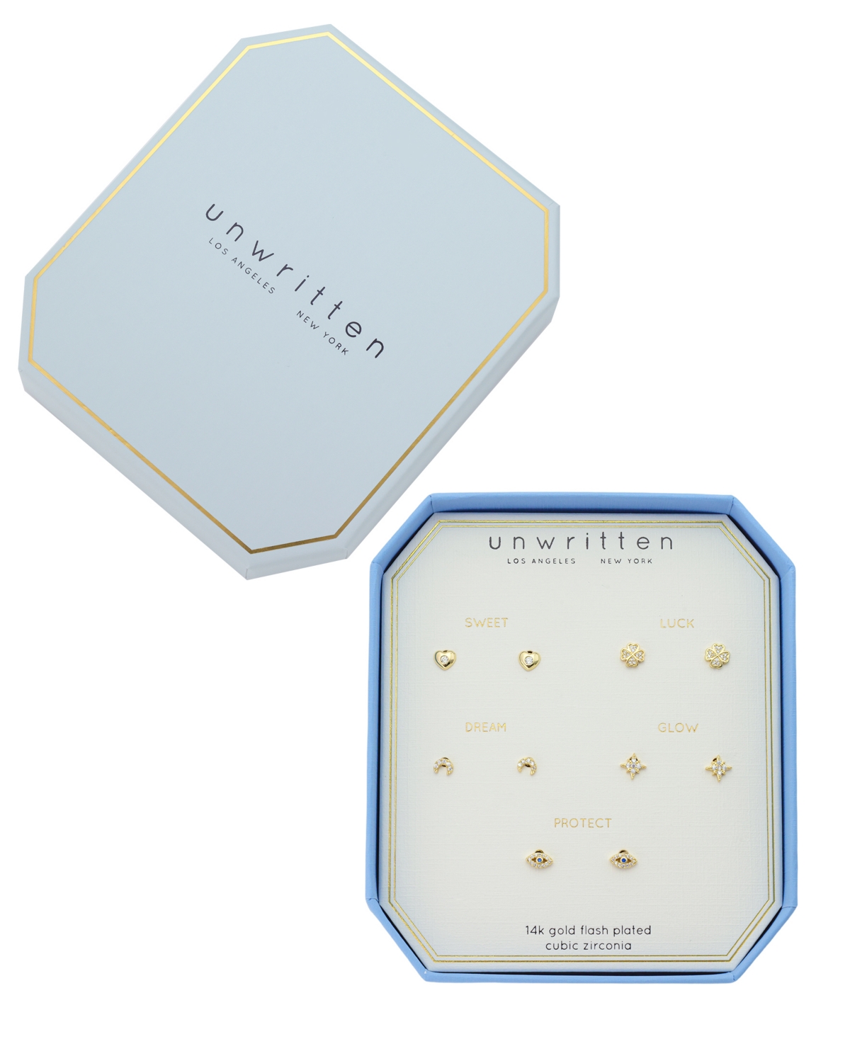 Unwritten Gold Plated Heart, Clover, Moon, Star And Evil Eye Post Back Stud Earrings Set In Gold