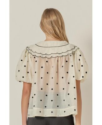 Women's Scalloped Collar Sheer Polka Dot Blouse