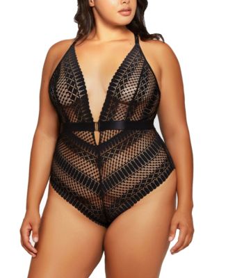 Plus Size Halter Lace Bodysuit with Open Back Lingerie