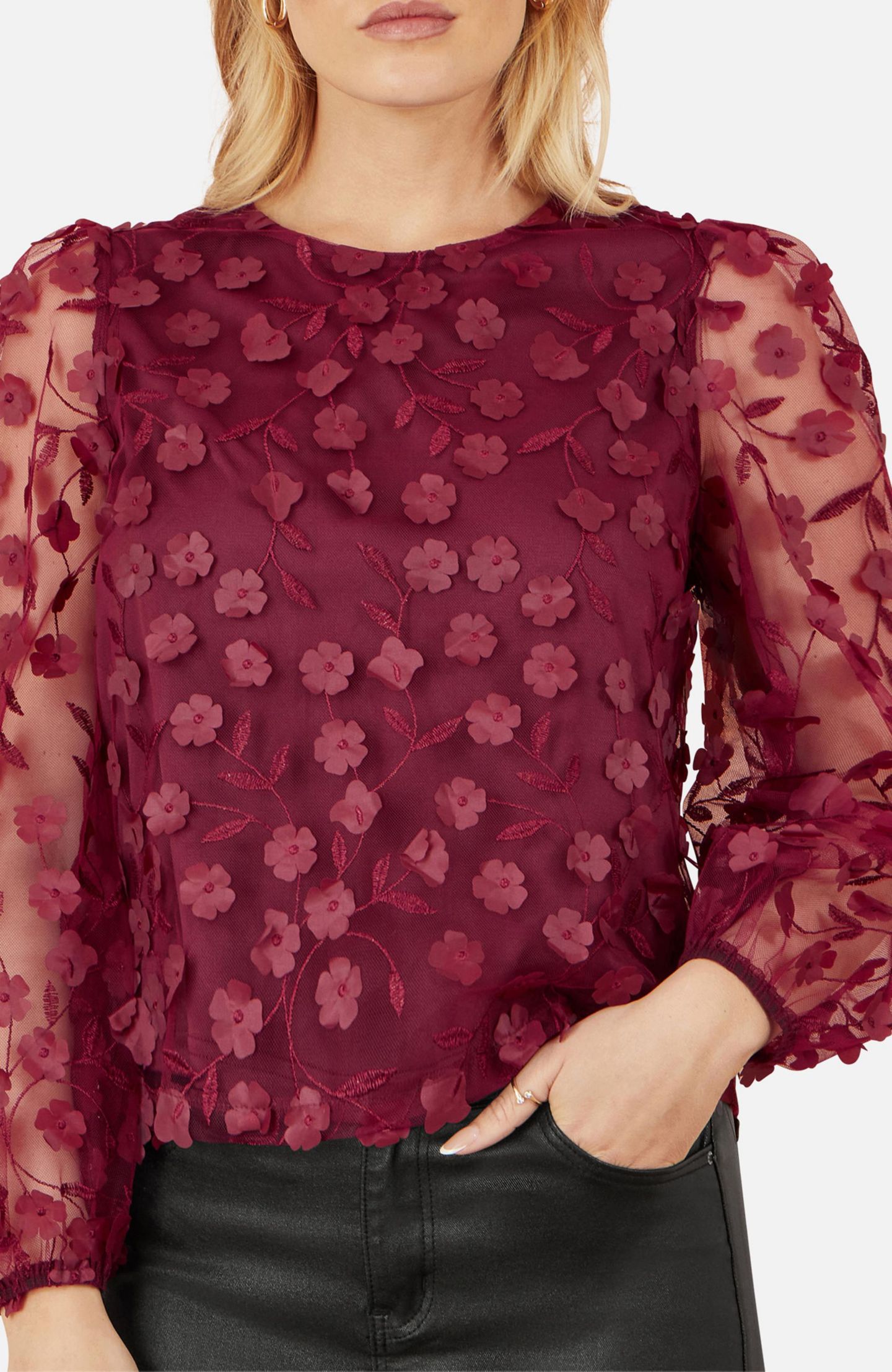 Женский топ Yumi Sheer Sleeve Applique, цвет: Бордовый — фото 4